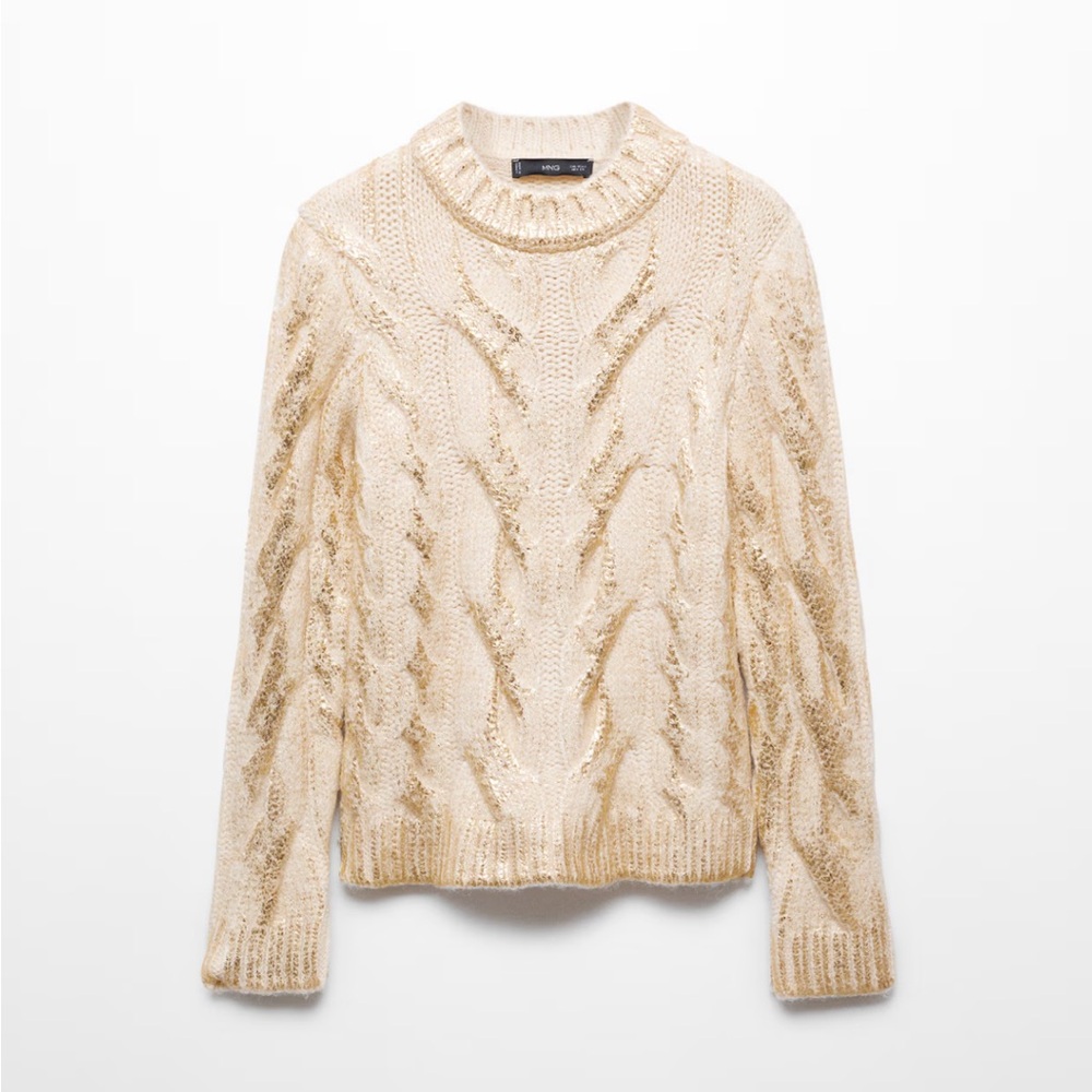 NWT Mango Gold Foil Embellished Crew Neck Cable Knit Sweater M - Picture 2 of 8